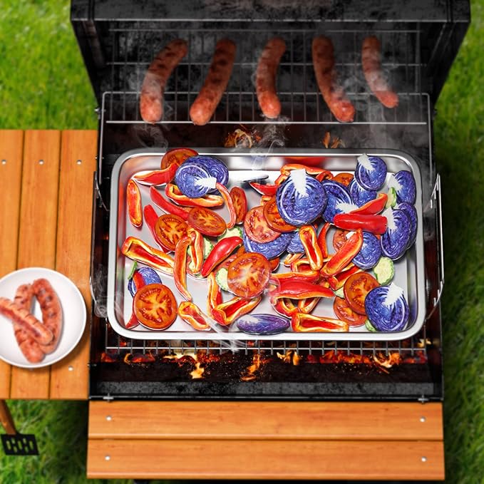 Grill Basket Set, 6-Piece Stainless Steel Large Grill Pans, 16.5" x 11" Pan, Outdoor Grill with Cooling Rack for Vegetables, Fish, Meat, Great Grilling Gifts for Men