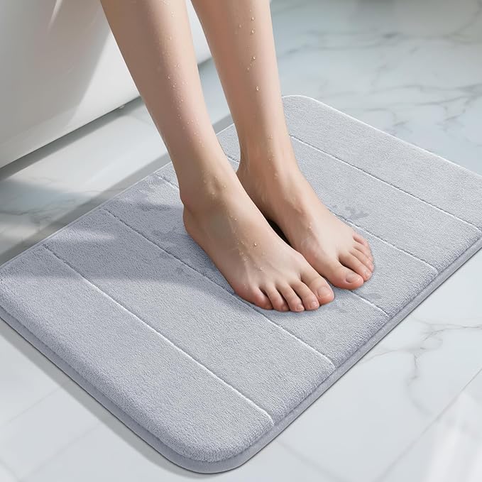 Yimobra Memory Foam Bath Mat, Super Soft Absorbent Bathroom Rug Non Slip 24x17 Inch, Quick Dry, Machine Washable Floor Carpet for Tub Shower, Home Decor Accessories, Silver