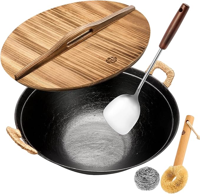 WANGYUANJI Traditional 14.2" Iron Wok – Versatile Stir-Fry Pan with Dual Handles, Wooden Lid & Stainless Steel Spatula