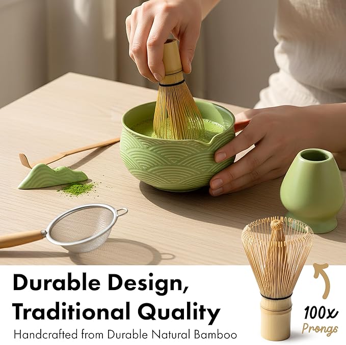 Matcha Kit Whisk Set (7 Pcs) - Complete Matcha Set, Matcha Bowl with Spout, Whisk with Holder, Bamboo Scoop with Rest and Sifter, Perfect Kit for Matcha Lovers (Green Mist)