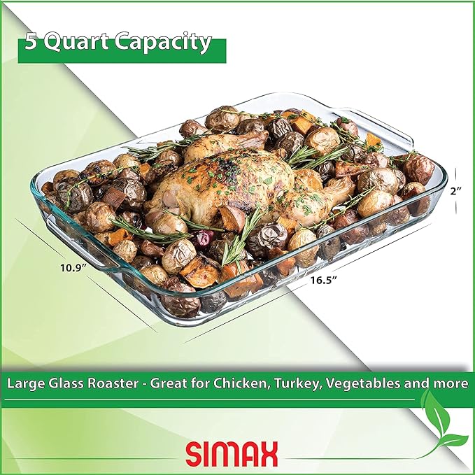 Simax Glass Roaster Baking Dish, Large 5 Quart Rectangular Roaster Pan For Baking And Cooking, Oven and Dishwasher Safe Cookware, Casserole Pan