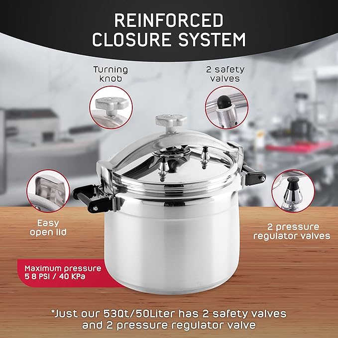 Universal (Extra Large) 53-Quart Aluminum Pressure Cooker for Professional Use – Commercial-Grade, 2 Safety Valves, Reinforced Handles, Easy-Open Lid, – Ideal for Large Kitchens, and Restaurants