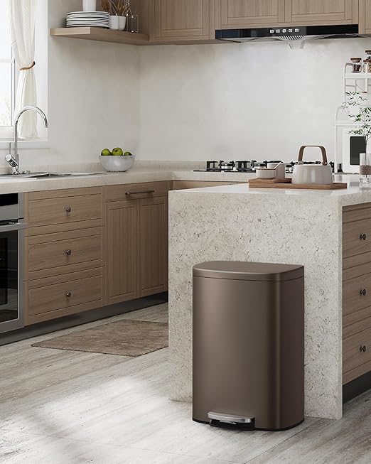 Garvee 13 gal (50 L) and 2.6 gal (10 L) Metal Trash Can Combo Set, Rustproof Garbage Can with Lid, Step-on Trash Bin with Inner Bucket, Rear Handle, Brown