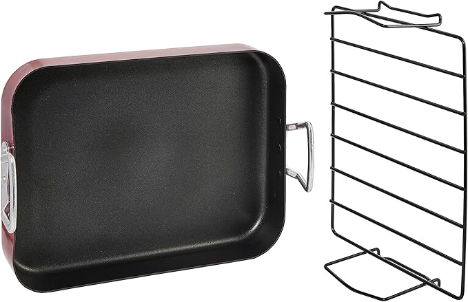 Servappetit 20 lb. Roasting Pan with Rack, Non-Stick, Hard-anodized with teflon-coating, 15 5/8 in x 12 in x 2 6/8-in, Red