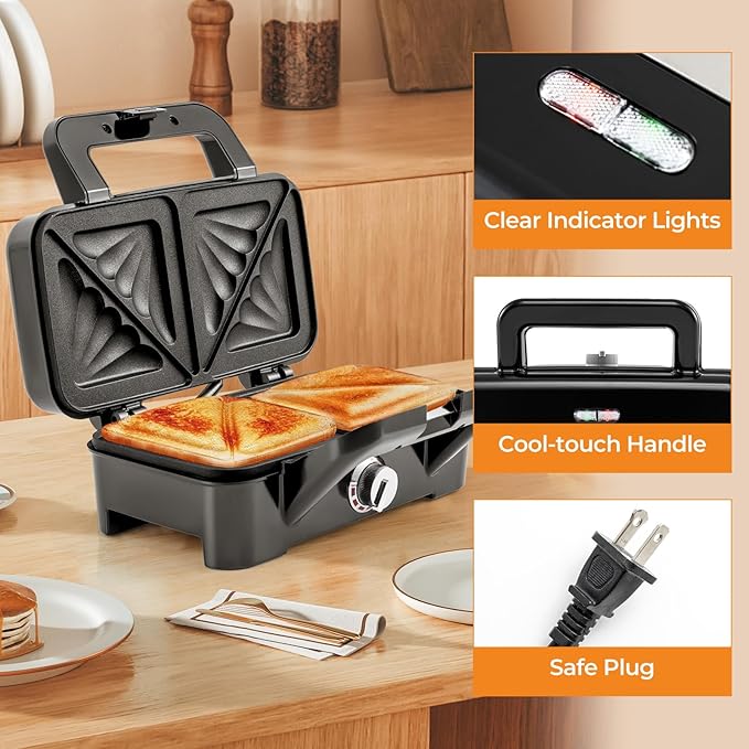 3 in 1 Sandwich Maker, 1082W Waffle Maker with Removable Plates, Sandwich Press with 5-Gear Temperature Control, Indicator Lights, Cool Touch Handle, Panini Press Grill for Breakfast