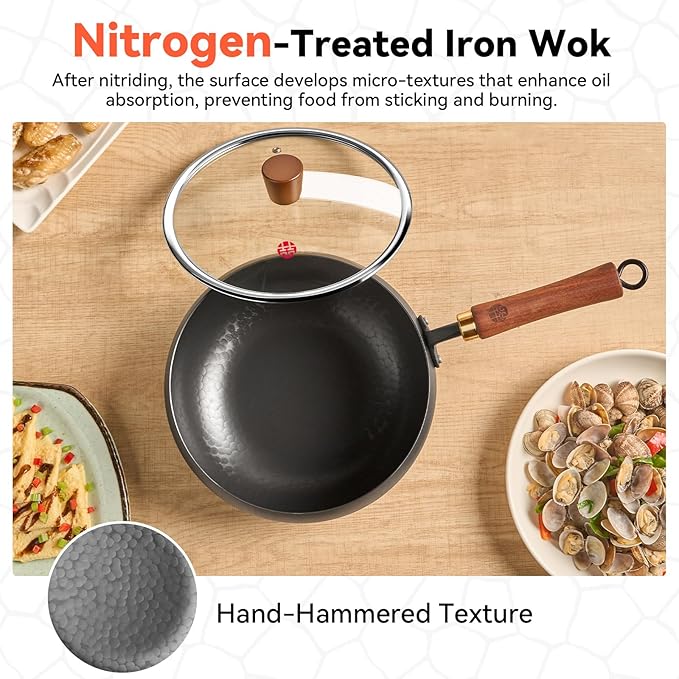 Wrought Iron Flat Bottom Wok with Glass Lid – Detachable Wooden Handle, Non-Coated Naturally Nonstick Frying Pan for Gas, Electric & Induction Stoves (Black Deep-Bowl Wok, 9.5 inch)
