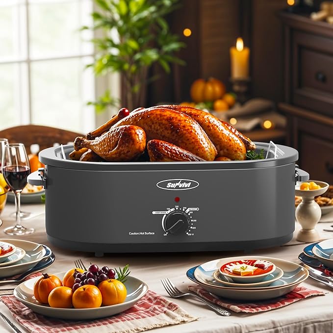 Sunvivi Electric Roaster,18 Quart Roasting Oven with Self-Basting Lid Removable Pan,Turkey Roaster Oven with 150 to 450F Temperature Control Cool-Touch Handles,Grey