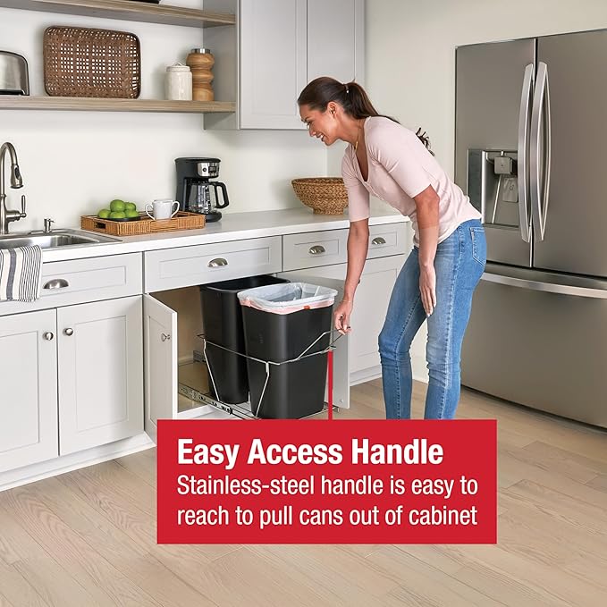 Rubbermaid Kitchen Cabinet Pull-Out Trash Can and Recycling Bin, 20-Gallon, Black, Under Sink Trash/ Recycling, for Home/Kitchen/Bathroom/Office/Garage