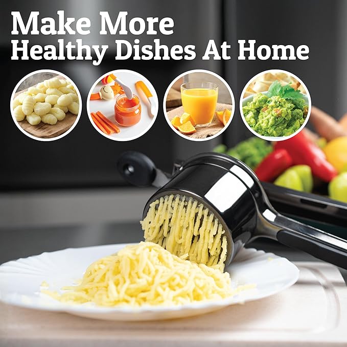 PriorityChef Large 15oz Potato Ricer, Heavy Duty Stainless Steel Potato Masher and Ricer Kitchen Tool, Press and Mash Kitchen Gadget For Perfect Mashed Potatoes - Everytime, All Black