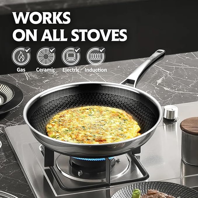 Non Stick Frying Pans, 12 inch Hybrid Frying Pans Nonstick,non stick Stainless Steel Skillets, Dishwasher/Oven Safe Cookware, Induction Compatible, PFOA Free Cookware