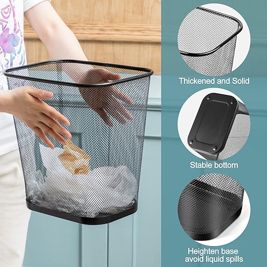 Nuanchu 12 Pcs Mesh Square Trash Cans 4 Gallons Wire Wastebasket for Home Black Metal Office Garbage Cans Rectangular Trash Bin for Kitchen Bathroom Bedroom, 11.7 x 8.5 x 11.8 Inch (Black)