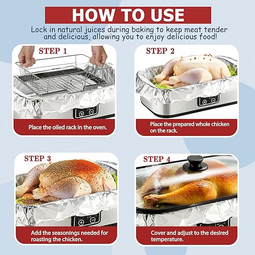 6 Foil Electric Roaster Liners, Disposable, Roaster Liners Fits 16, 18, and 20 Quart Electric Griddles, Ideal for Roasting Meats and Poultry, Food Grade Aluminum Foil, Instant Clean Up