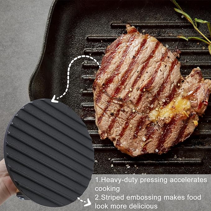 HTB Heavy-Duty Cast Iron Barbecue Press, Wood Handle Meat Steak Smash for Juicy Crispy Burgers on BBQ, Griddle, Camping Round