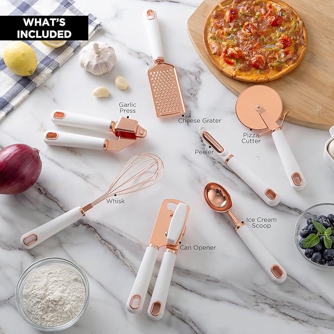 COOK WITH COLOR Kitchen Gadget Set Copper Plated Stainless Steel Utensils with Soft Touch Handles, Copper White, 7 Pieces