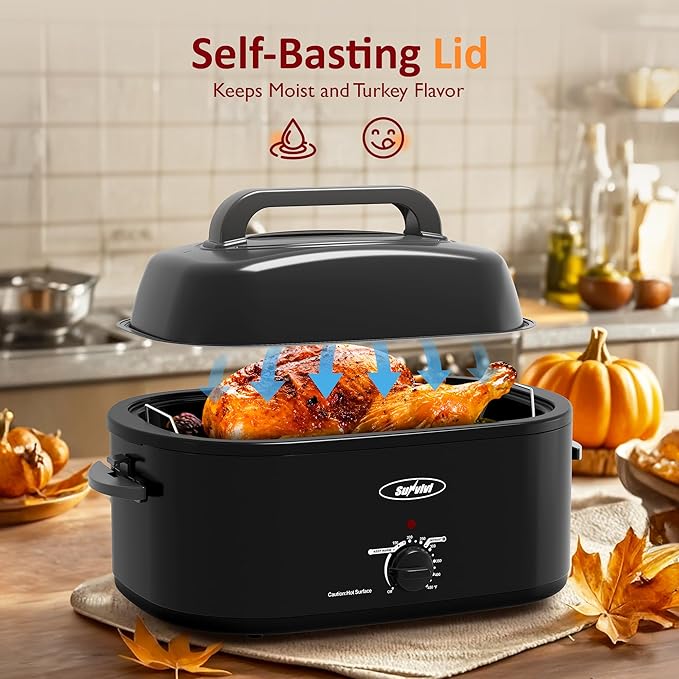 Sunvivi Electric Roaster, 24 Quart Electric Roaster Oven with Self-Basting Lid, Turkey Roaster Oven Buffet with Removable Pan, Cool-Touch Handles, Black
