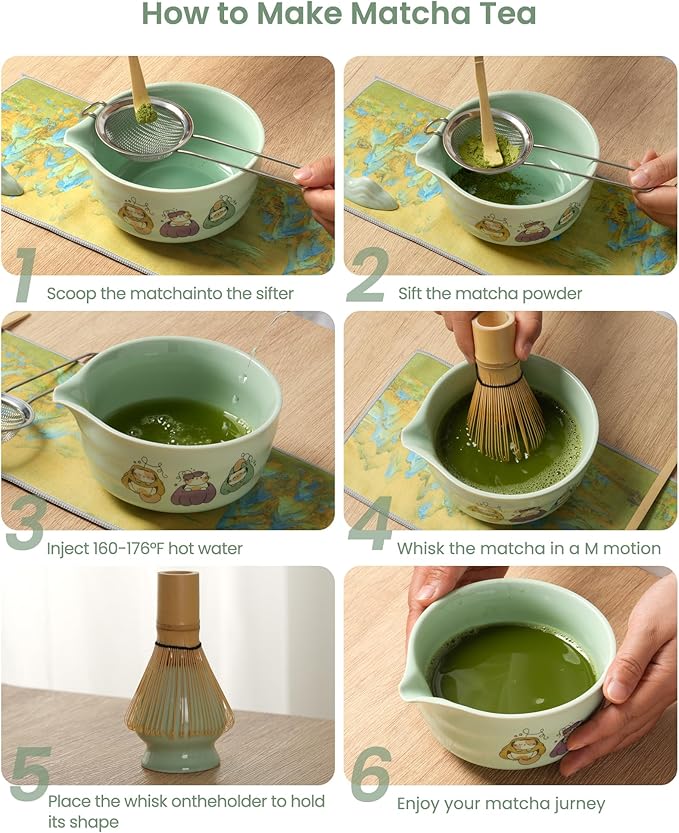 Matcha Whisk Set 7 Pcs Ceramic Matcha Set Includes 15oz Bowl with Spout,Bamboo Whisk & Holder, Scoop, Scoop Rest Sifter & Tea Towel, Complete Matcha Tea Set for Beginners-Green