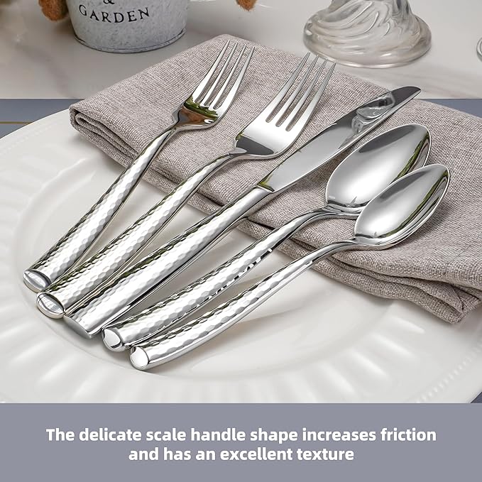40-Piece Hammered Flatware Set, 18/10 Extra Heavy Weight Flatware for 8, High End Forged Silverware Set, Thick Handle, Dishwasher Safe