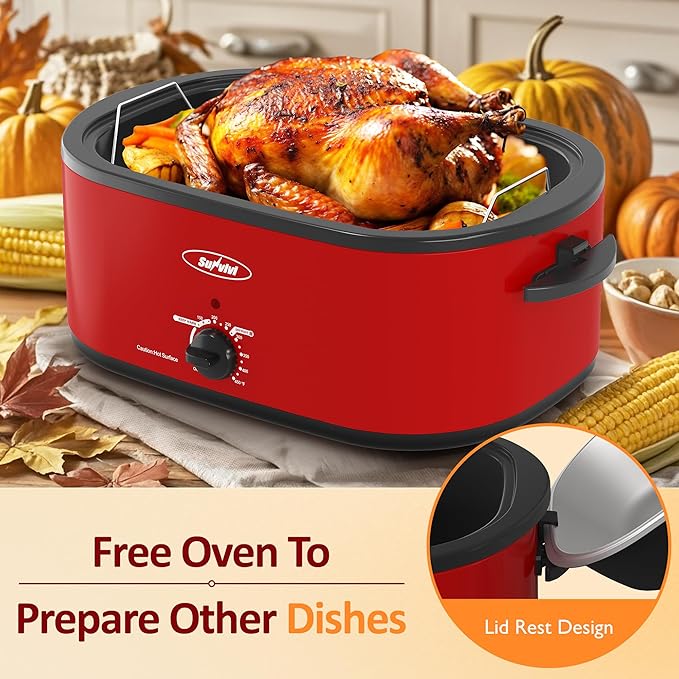 Sunvivi 26 Quart Electric Roaster With Glass Lid, Turkey Roaster Buffet, Self-Basting Lid, Removable Pan, Cool-Touch Handles, Red