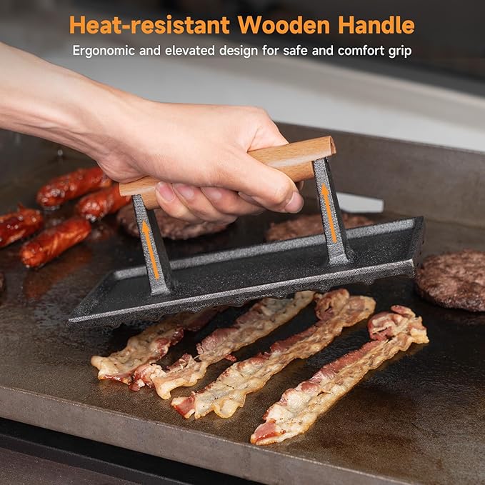 SHINESTAR Bacon Press, 8" × 4" Cast Iron Grill Press for Blackstone Griddle, Ideal for Bacon, Burger, Panini, Pre-Seasoned, Indoor and Outdoor Cooking, Rectangle