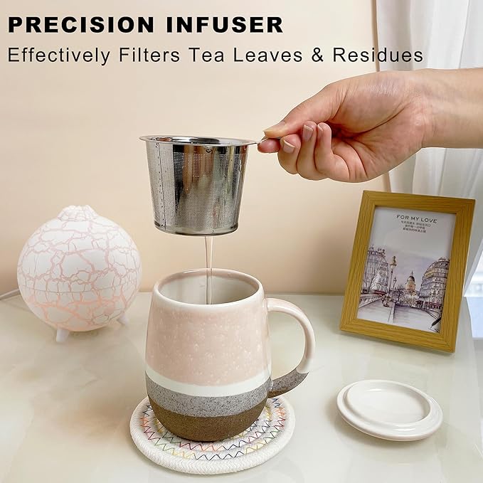 13.5 OZ Reactive Glaze Tea Mugs with Infuser and Lid, Loose Leaf Tea Infuser Cup, Ceramic Steeping Teacup with Filter for Single, Microwave & Dishwasher Safe, Pink