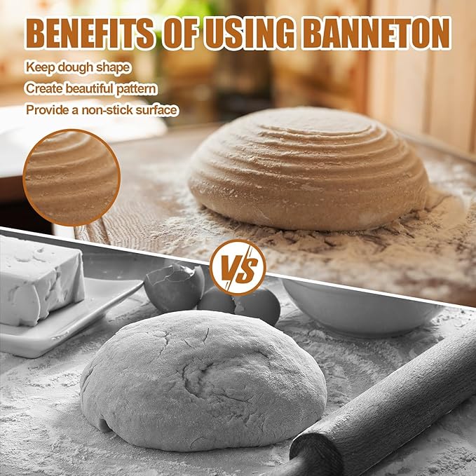Banneton Bread Proofing Basket - 9 inch Banneton Basket Set of 2 Sourdough Proofing Basket Round Proofing Bowls Handmade Rattan Baskets and Liners