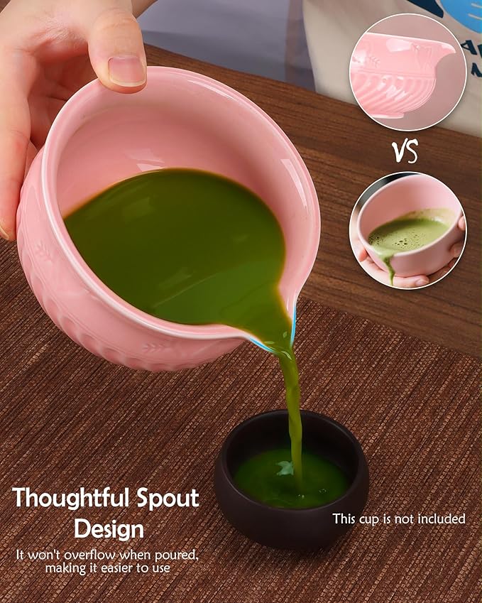 Pink Matcha Whisk Set, 8 Pcs Ceramic Matchas Set Includes Bowl, Whisk and Holder, Scoops, Bamboo Scoop, Scoop Rest, Sifter and Tea Towel, Kit for Matcha-Lovers