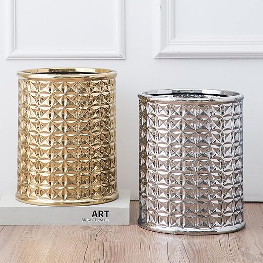 Silver Trash Can, Round Wastebasket, Garbage Receptacle Small Bin for Bathroom, Powder Rooms, Kitchens, Home Offices - Ceramics