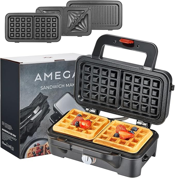 3 in 1 Sandwich Maker, Waffle Maker with Removables Plates, Panini Press Waffle Iron Set with 5-gear Temperature Control, Non-stick Coating Cool Touch Handle Anti-skid Feet for Breakfast, 1200W