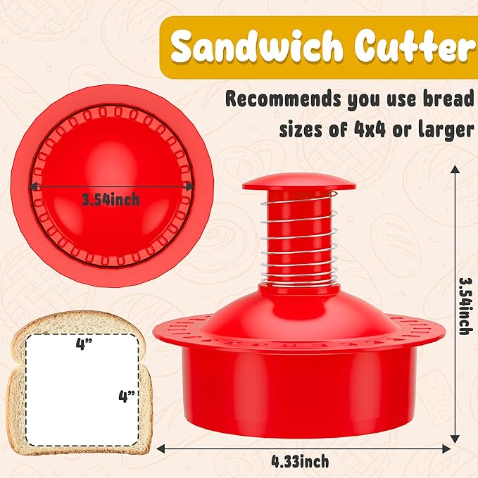 Sandwich Cutter and Sealer Round Cut and Seal Sandwich Maker, Crustless Peanut Butter & Jelly Sandwich Cookie Cutter-Red Round