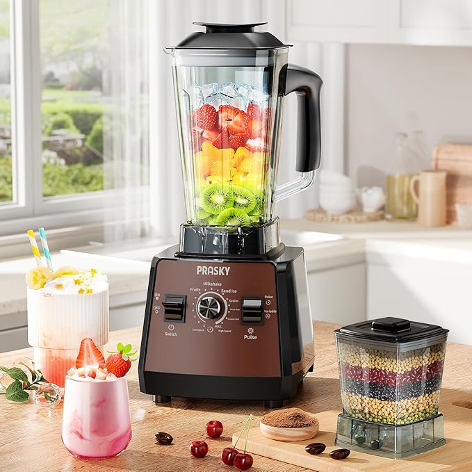Blender for Smoothies,PRASKY 1000W Blenders for Kitchen,25,000 RPM Powerful Blender 68oz BPA-Free Juicer and Grinder with To-Go Gym Bottle,Countertop Blenders for Ice Crushing,Shakes,Fruits (Brown)