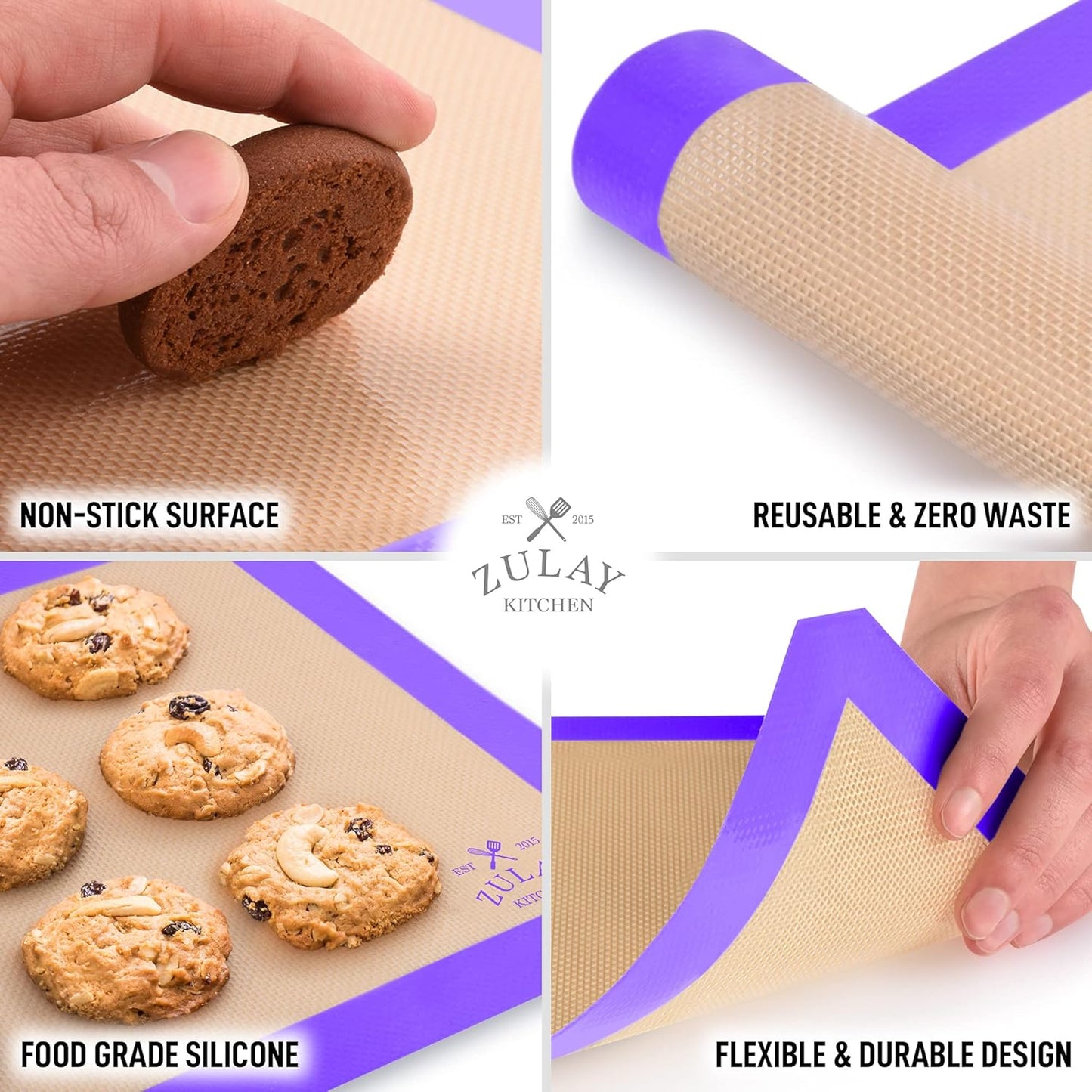 Zulay Kitchen (2 Pack) Silicone Baking Mat Sheet Set - Reusable Baking Mat Nonstick - Half Sheet Baking Mat For Oven - 16.5" x 11.6" (Purple)