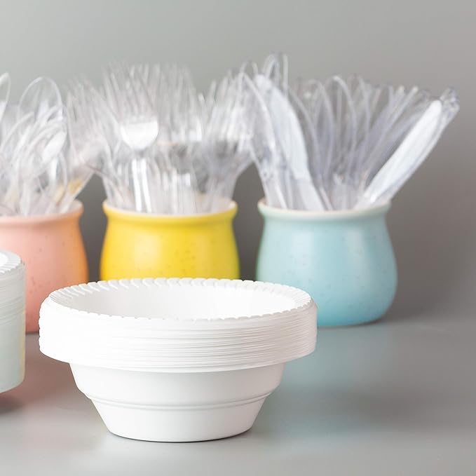 PLASTICPRO Round Plastic 12 ounce Bowls Microwaveable, Disposable, White, Dinnerware 100 Count