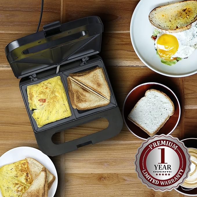 OVENTE Electric Sandwich Maker with Non-Stick Plates, Indicator Lights, Cool Touch Handle, Easy to Clean and Store, Perfect for Cooking Breakfast, Grilled Cheese, Tuna Melts and Snacks, Black GPS401B