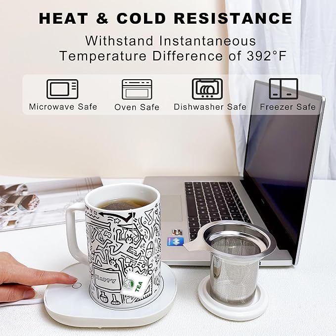 Doodle Style Tea Cup with Infuser and Lid, 14oz Tea Infuser Cup Loose Leaf Tea Mug with Strainer, Porcelain Tea Infuser Mug, Steeping Tea Cups for Microwave and Dishwasher Safe, Happy White