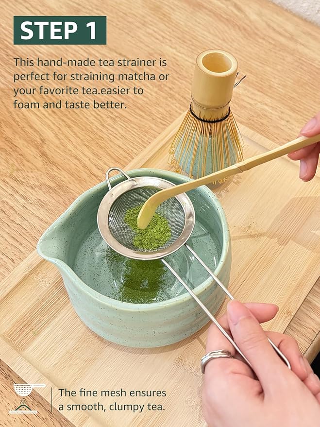 Sisher Matcha Whisk set,Matcha Bowl with Spout，Cute Matcha Set(5pcs) Matcha Bowl, Bamboo Whisk, Matcha Scoop, Matcha Whisk Holder (Chasen Holder), Stainless Steel Sifter, Matcha Making Kit(Green)