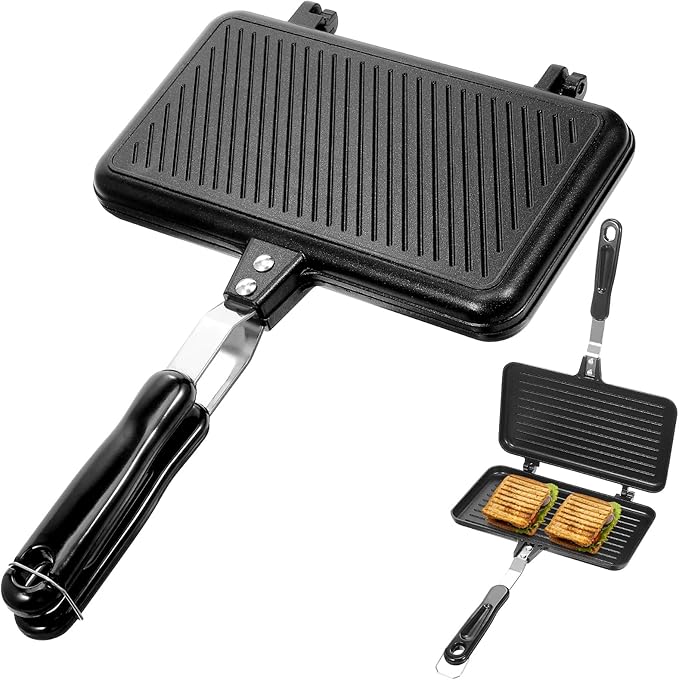 VOSAREA Sandwich Maker Grilled Sandwich Maker Pan Non-Stick Hot with Long Handle Double Sided Frying Pan Stovetop Toasted for Home Kitchen Breakfast Camping (Black)
