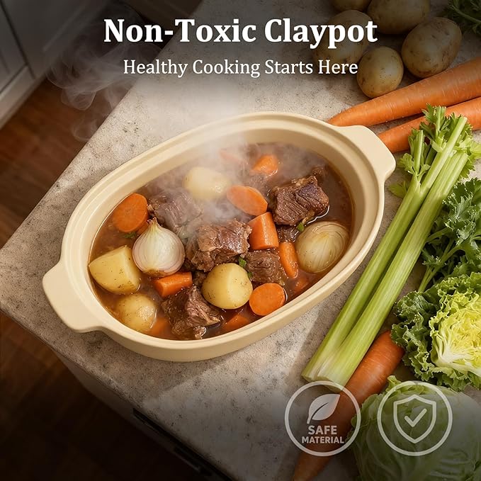 MAGNIFIQUE 4 Quart Claypot Multi-Cooker, with 8-in-1 Casserole Programmable Slow Cooker, Dutch Oven, Pasta, Nonstick Oven Safe Pot to 450°F, Brown