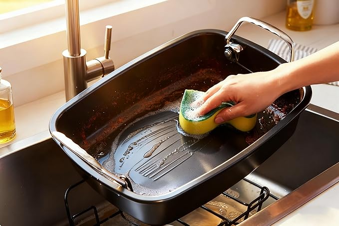 Large Nonstick Roasting Pan with Rack, Turkey Roasting Pan with Wider Handles, Heavy Duty Construction Roaster - 17.2 Inch x 13.5 Inch for Oven