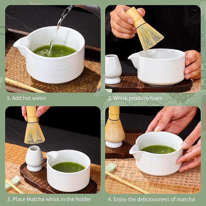7pc Japanese Tea Set Includes Ceramic Bowl, White Matcha Whisk Set with Green Dot, Matcha Whisk and Holder, Stainless Sifter & Bamboo Scoop, Towel, Matcha Starter Kit for matcha Lovers