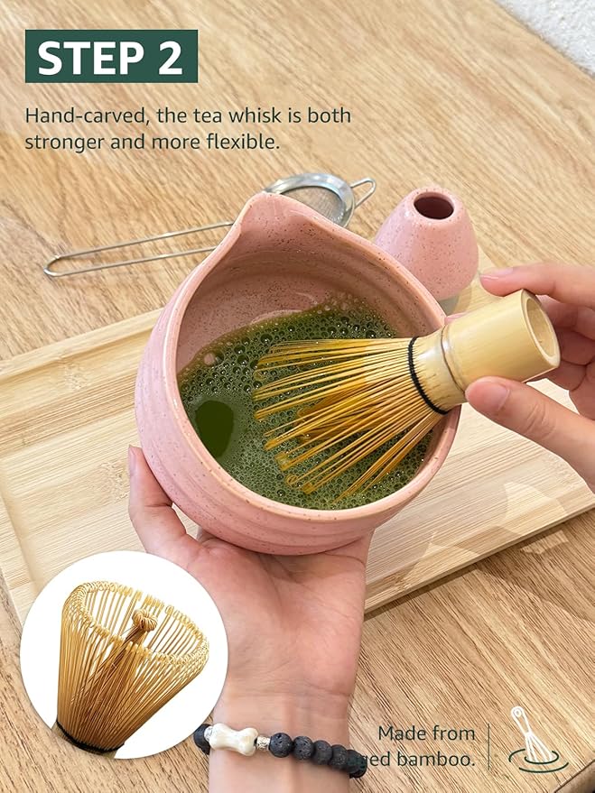 Sisher Matcha Set,Matcha Bowl with Spout,Cute Matcha Set(5pcs) Matcha Bowl,Bamboo Whisk, Matcha Scoop, Matcha Whisk Holder (Chasen Holder), Stainless Steel Sifter, Macha Kit