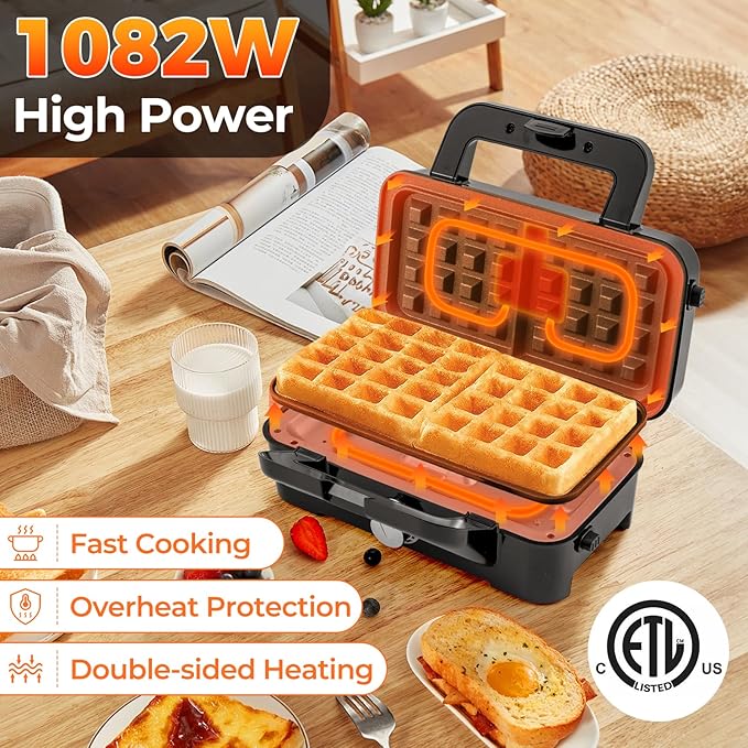 ARLIME Waffle Maker with Removable Plates, 1082W Electric Panini Press Grill w/Non-stick Plates, Indicator Lights, Sandwich Maker w/ 5-gear Temperature Control for Breakfast Grilled Cheese Steak