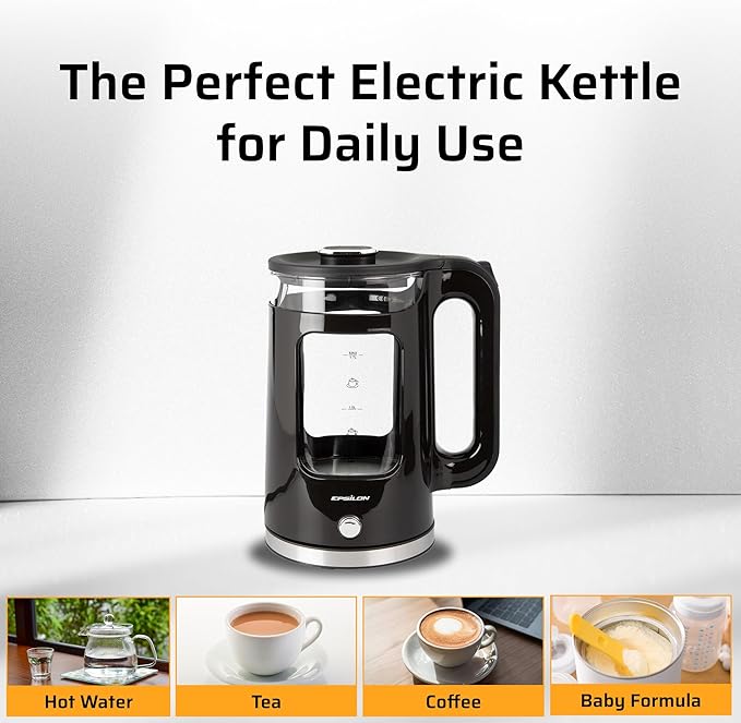 Epsilon 1.7L Glass Electric Kettle – Hot Water Tea Kettle with LED Light, Stainless Steel & Borosilicate Glass, Auto Shut-Off, BPA-Free Electric Teapot, 1100W Fast Boil, Cool Touch