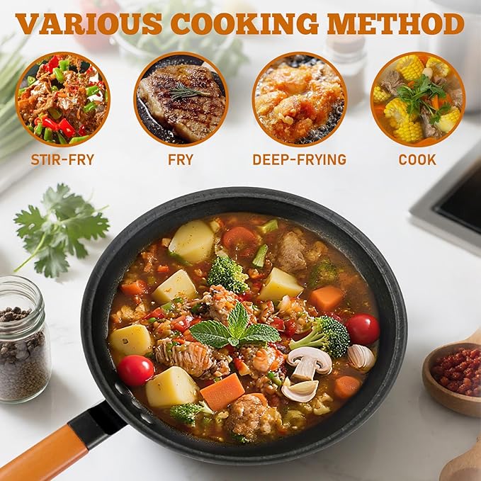 Nonstick Frying Wok Pan Hybrid, 9 Inch Preseasoned Deep Stir Fry Pan Skillet with Glass Lid, Traditional Chinese Cast Iron Wok, No Coated Saucepan for Induction, Electric, Gas, Grill Stoves