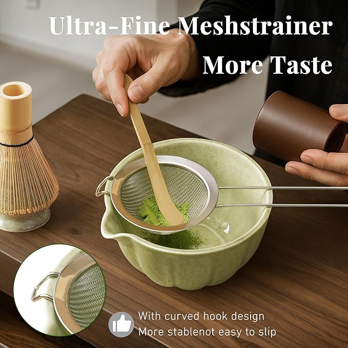 Matcha Whisk Set,7 PCS Ceramic Matcha Kit Includes Matcha Bowl with Spout, Matcha Whisk and Holder, Bamboo Scoop, Stainless Sifter, Towel, Unique Gift for Matcha Lovers (Mottled Green)