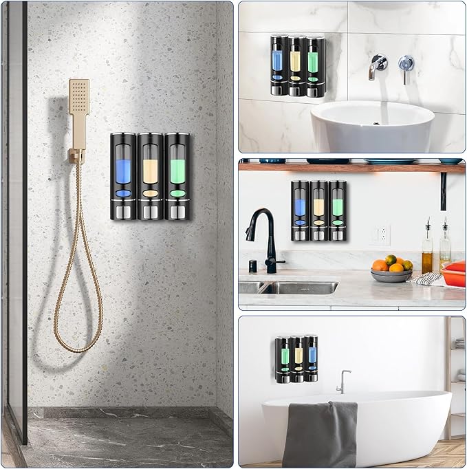 Shampoo and Conditioner Dispenser, 3-Chamber Shower Soap Dispenser Wall Mounted, No Drill Shampoo Dispenser for Shower Wall Body Wash for Bathroom Toilet Hotel Kitchen(Black)