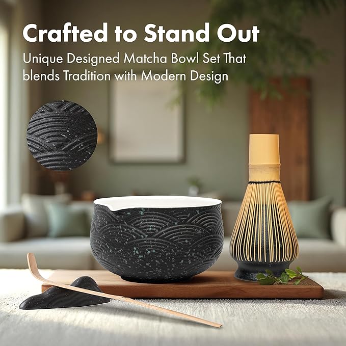 Matcha Kit Whisk Set (7 Pcs) - Complete Matcha Set, Matcha Bowl with with Bowl, Whisk and Holder, Bamboo Spoon/Scoop, Scoop Rester and Sifter incl. Booklet
