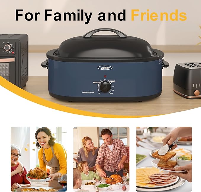 Roaster Oven, Electric Roaster Oven with Viewing Lid, Large Roaster with Removable Pan & Rack, Turkey Roaster with Unique Defrost/Warm Function, Stainless Steel, Blue, 18QT