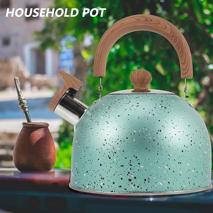 Hemoton Whistling Tea Kettle for Stovetop Stainless Steel Tea Pot Kettles Water Kettle Stove Coffee Kettle with Cool Grip Ergonomic Handle for Boiling Water 2L Green