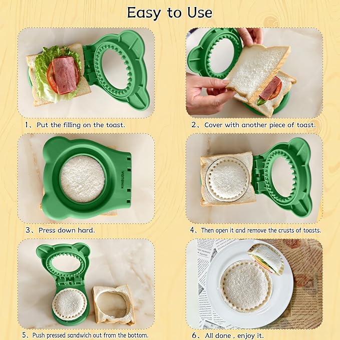Sandwich Cutter and Sealer - 3.7" Circle & Square Pocket Sandwich Maker, Intuitive & Easy-to-Use for Boys &Girls, Perfect for Breakfast & Lunchboxes (Green, Round)