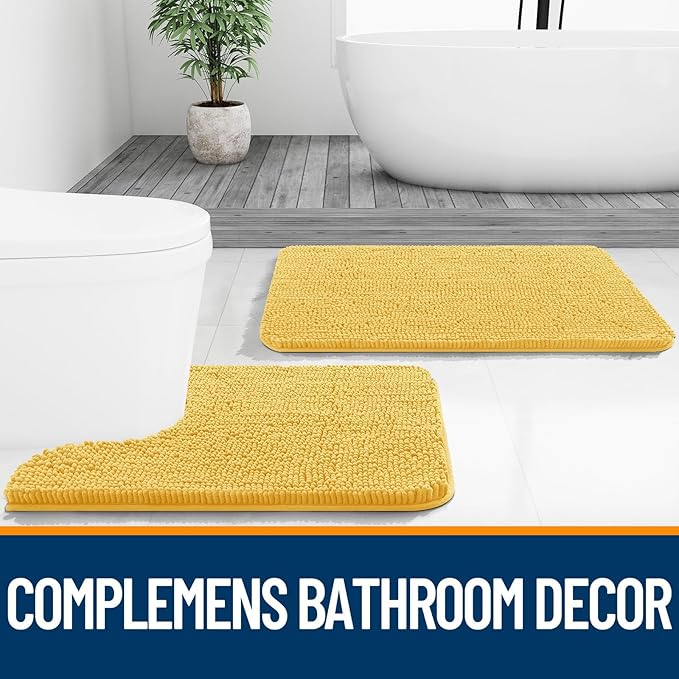 OLANLY Bathroom Rugs Sets 2 Piece, Soft Absorbent Chenille Bath Mats and U-Shaped Contour Toilet Mat Area Rug Set, Machine Washable Bath Carpet, Home Decor Accessories(36"x24"+24"x20", Yellow)